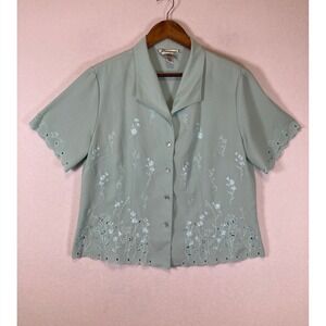 Cottagecore Joanna Women Med Seafoam Green Floral Embroidered Scalloped Blouse